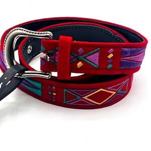 Vintage Comeco Belt Red‎ Velvet Embroidered Geometric Pattern Size S/M KIDS